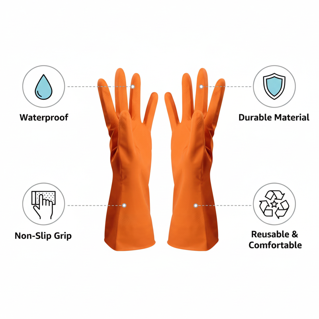 Cleaning Gloves – Orange, 1 Set | Strong, Durable, Waterproof Gloves for Kitchen, Dishwashing, Bathroom & Multi-Purpose Cleaning - Image 2